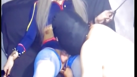 Asian shemale with big tits is fucking a masked boy