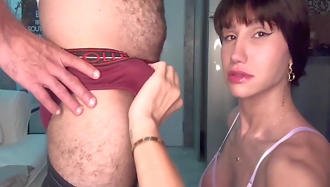 Skinny shemale in lingerie gets fucked by big cock