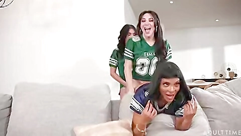 Busty brunette with a long cock is getting rimmed by a stud