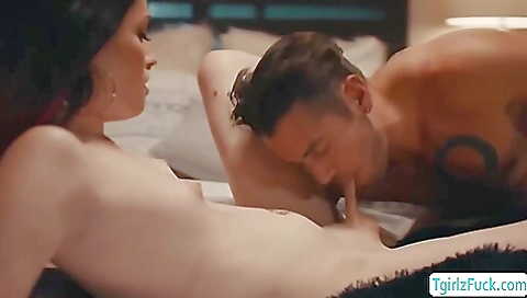 Slender brunette girl with small tits gives a handjob